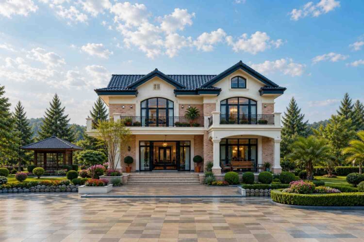 Front Elevation of House Plan with Double-Gallery Porches — 6 Bedroom Tropical Colonial