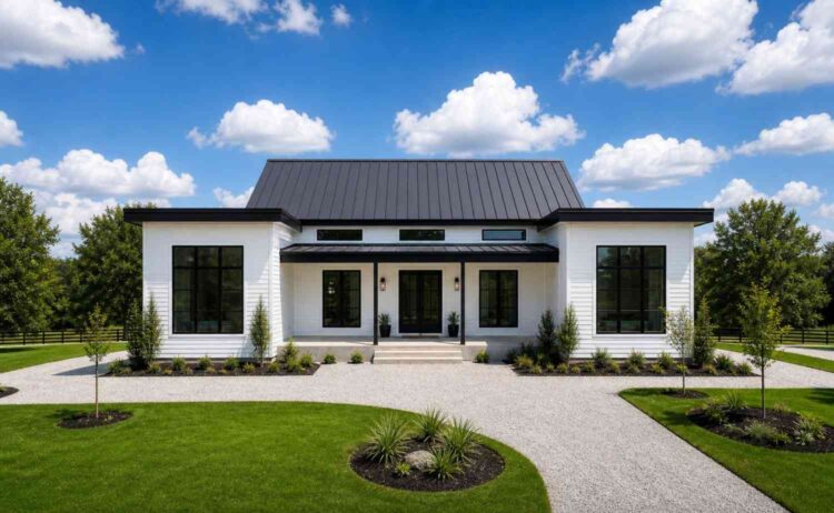 Front Elevation of 4 Bedroom Single Story Black Roof Farmhouse House Plan with Office