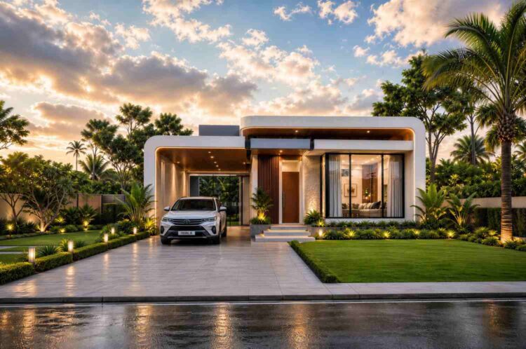 Front Elevation of House Plan with Deep Carport Entry — 3 Bedroom Tropical Modern