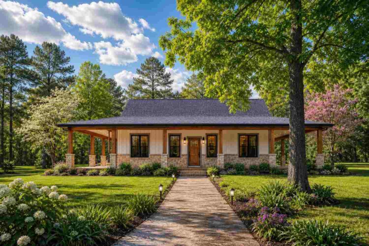 Front Elevation of House Plan with Dual-Locker Mudroom — 3 Bedroom Farmhouse Ranch