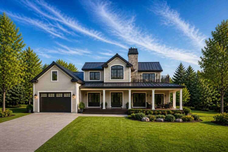 Front elevation — Modern Farmhouse house plan with wraparound porch