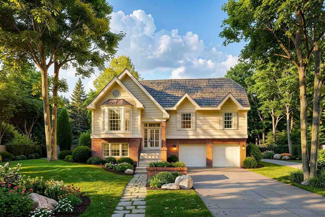 Front Elevation of 3 Bedroom 2 Story Split-Level House Plan with Home Office
