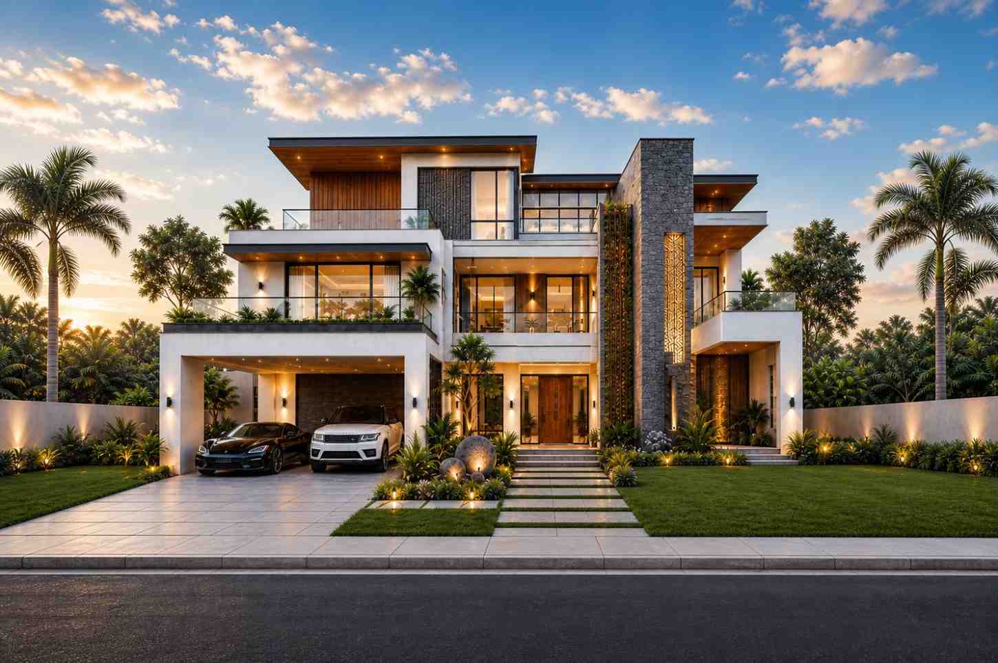Front Elevation of 6 Bedroom 3 Story Modern House Plan with Rooftop Entertainment Lounge