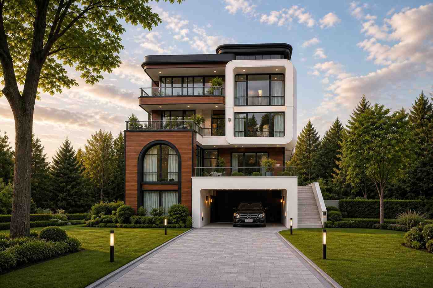 front elevation of 4 Story Multi-Generational Contemporary House Plan