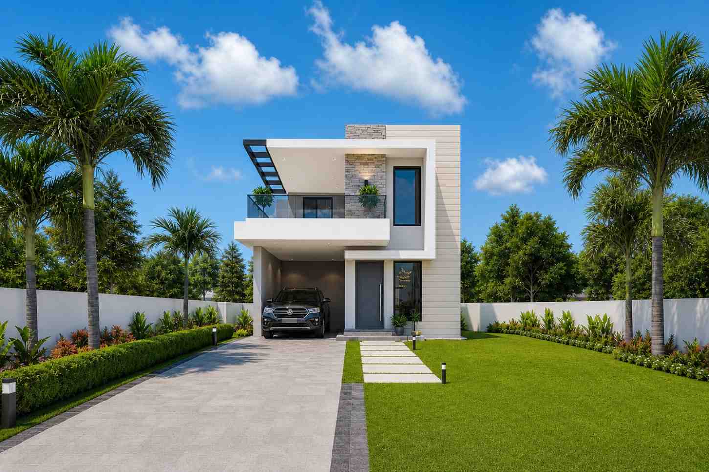 Front Elevation of 3 Bedroom 2 Story Modern House Plan with Rooftop Lounge and Guest Suite