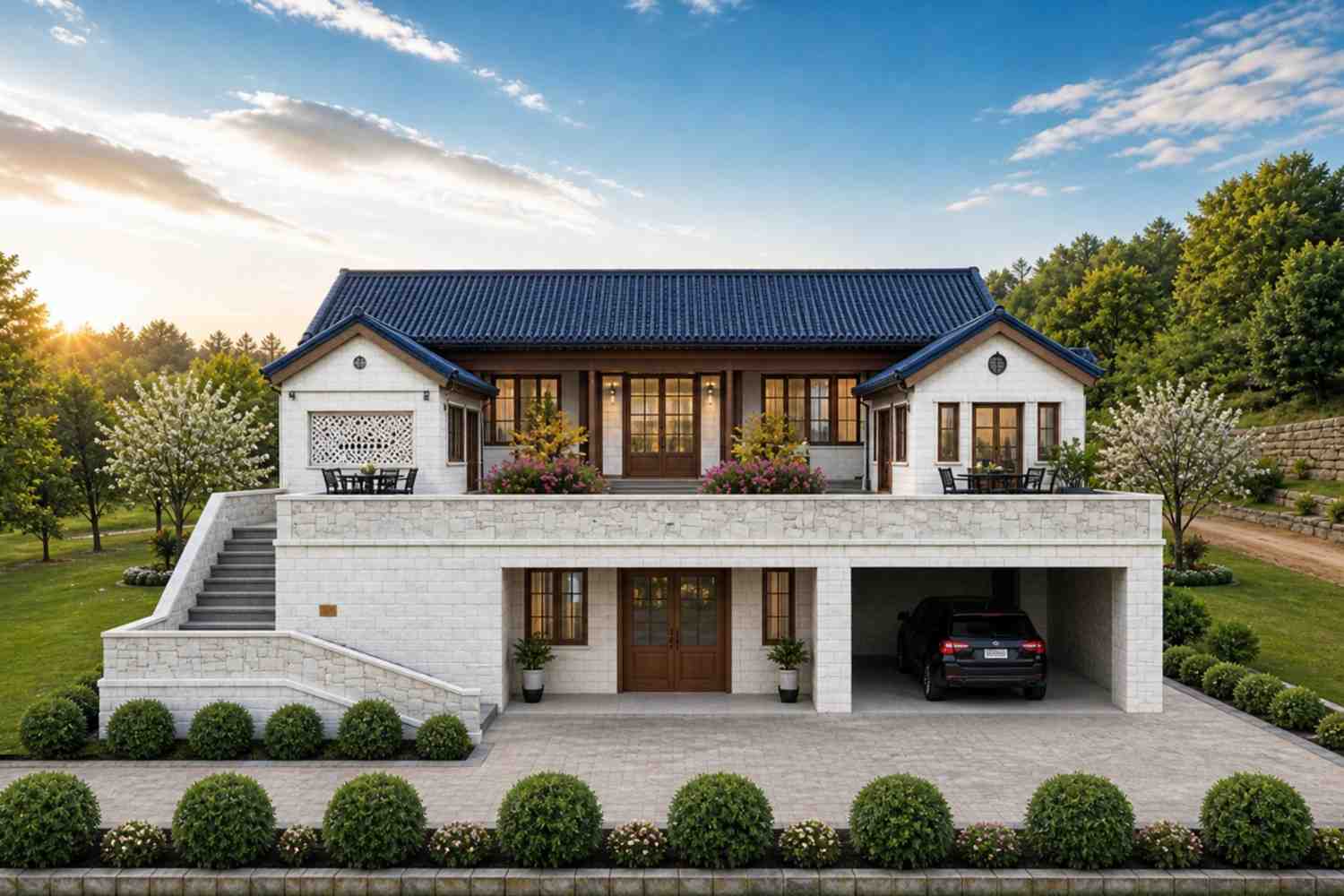 Front Elevation of 4 Bedroom Asian Contemporary House Plan with Rooftop Terrace
