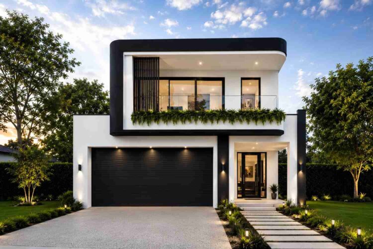 Front Elevation of House Plan with Home Office — 4 Bedroom Cantilever Modern