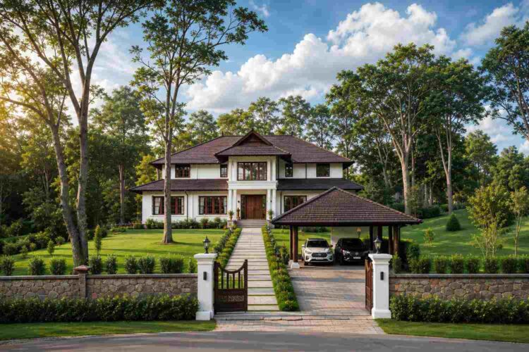  Front elevation — 6 Bedroom 2 Story British Colonial House Plan with Dual Living Rooms