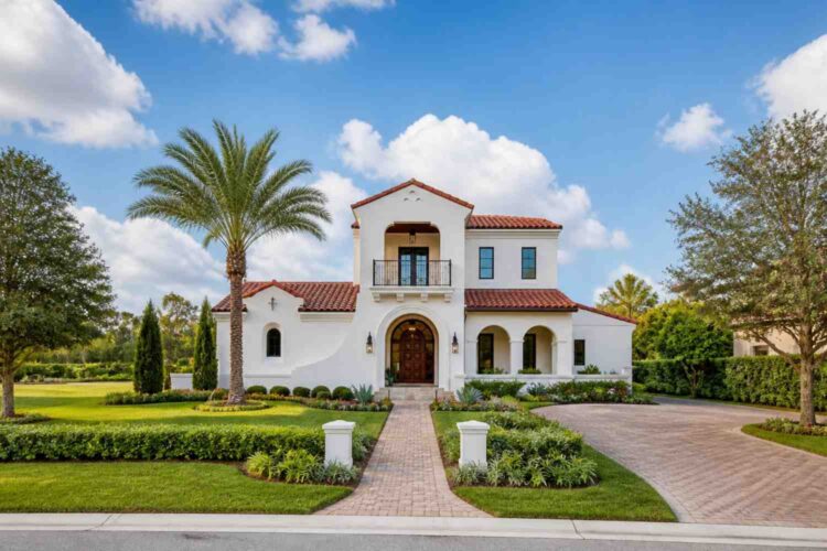 Front Elevation of House Plan with Pool and Spa — 3 Bedroom Mediterranean Villa