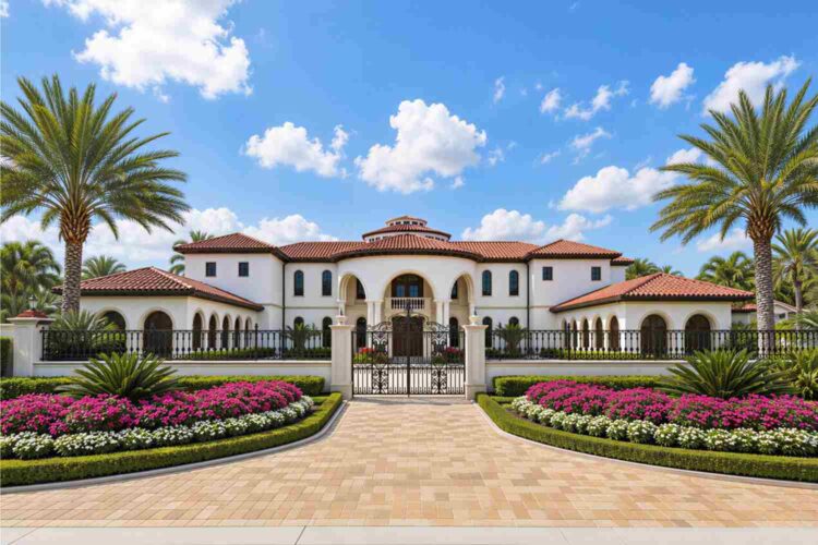 Front Elevation of 8 Bedroom 2 Story Mediterranean Villa House Plan with Meeting Hall