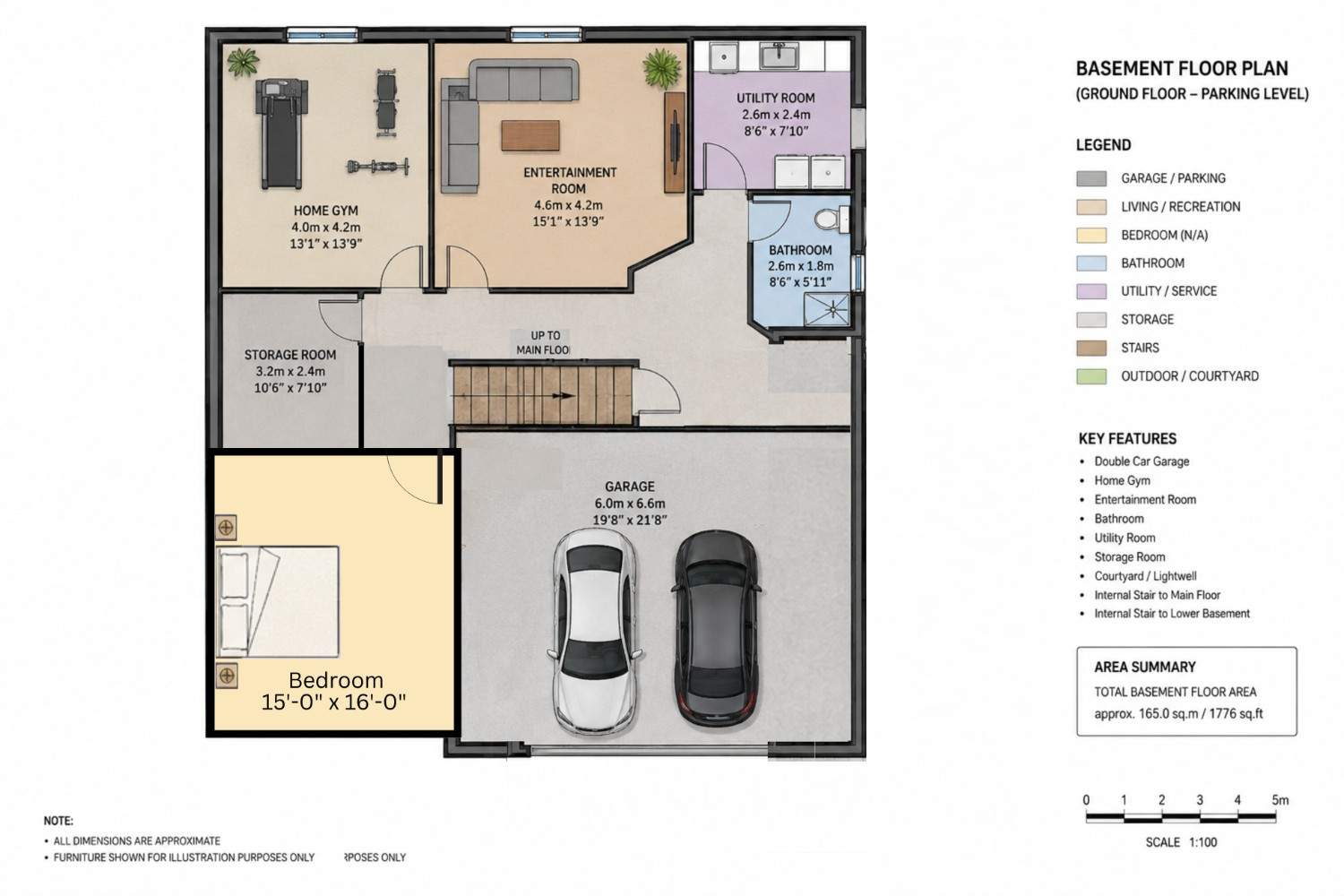 Ground floor plan — garage, home gym, entertainment room, guest bedroom