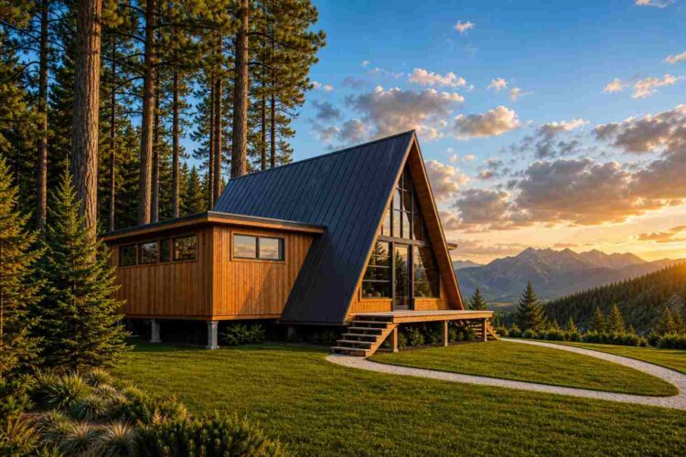 Left side elevation of Modern A-Frame Cabin Plan with Triangular Glass Gable