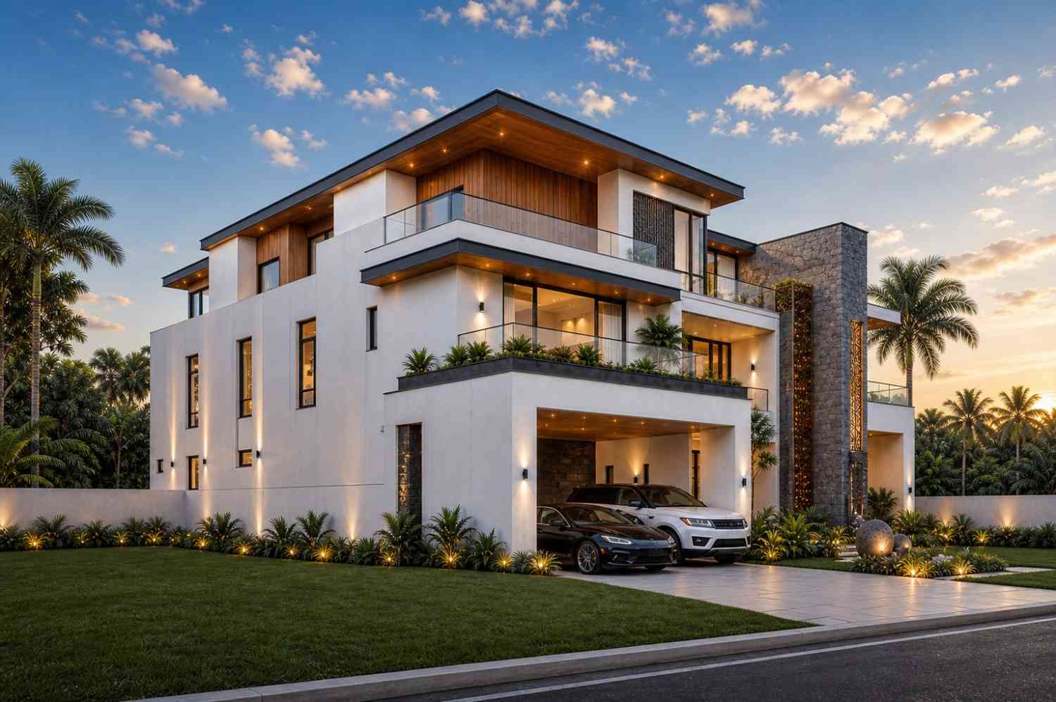 Left Side Elevation of 6 Bedroom 3 Story Modern House Plan with Rooftop Entertainment Lounge