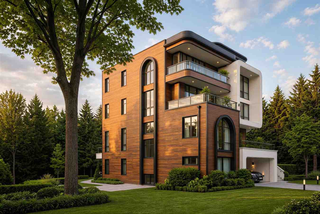 left side elevation of 4 Story Multi-Generational Contemporary House Plan