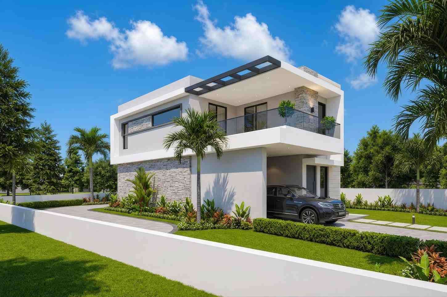 Left Side Elevation of 3 Bedroom 2 Story Modern House Plan with Rooftop Lounge and Guest Suite