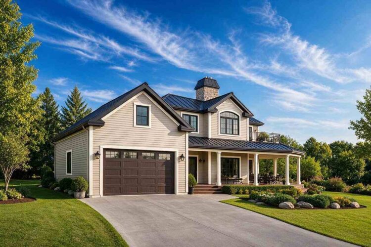 Left side elevation — Modern Farmhouse house plan with wraparound porch