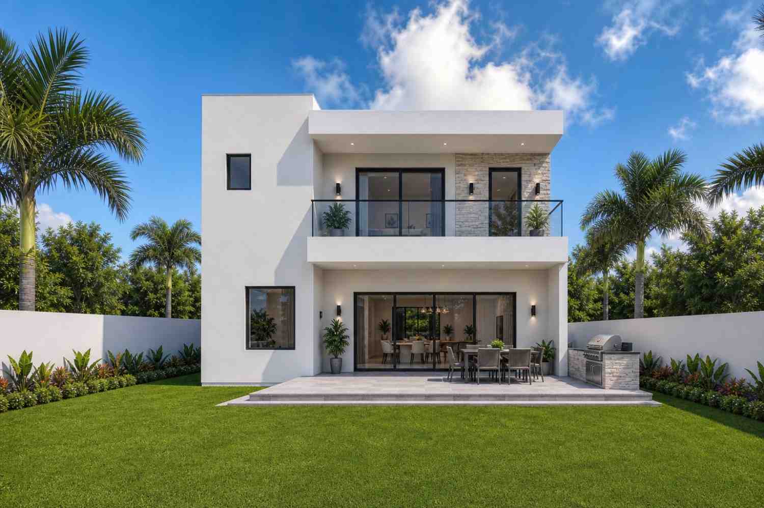 Rear Elevation of 3 Bedroom 2 Story Modern House Plan with Rooftop Lounge and Guest Suite