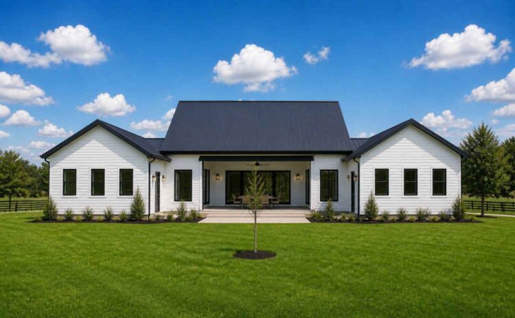 Rear Elevation (Back View) of 4 Bedroom Black Roof Farmhouse House Plan