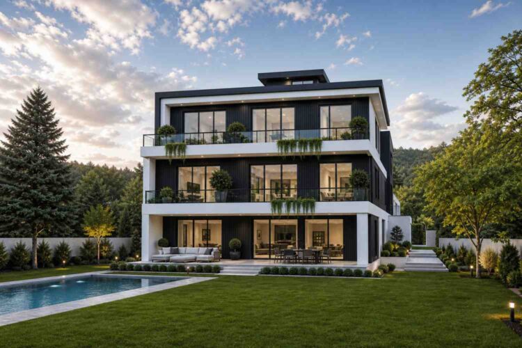 Rear Elevation (Back View) of 6 Bedroom Ultra Modern House Plan with Walk-Under Garage