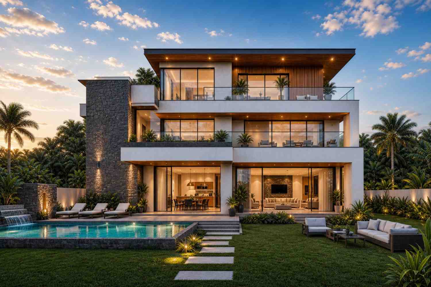 Rear Elevation of 6 Bedroom 3 Story Modern House Plan with Rooftop Entertainment Lounge