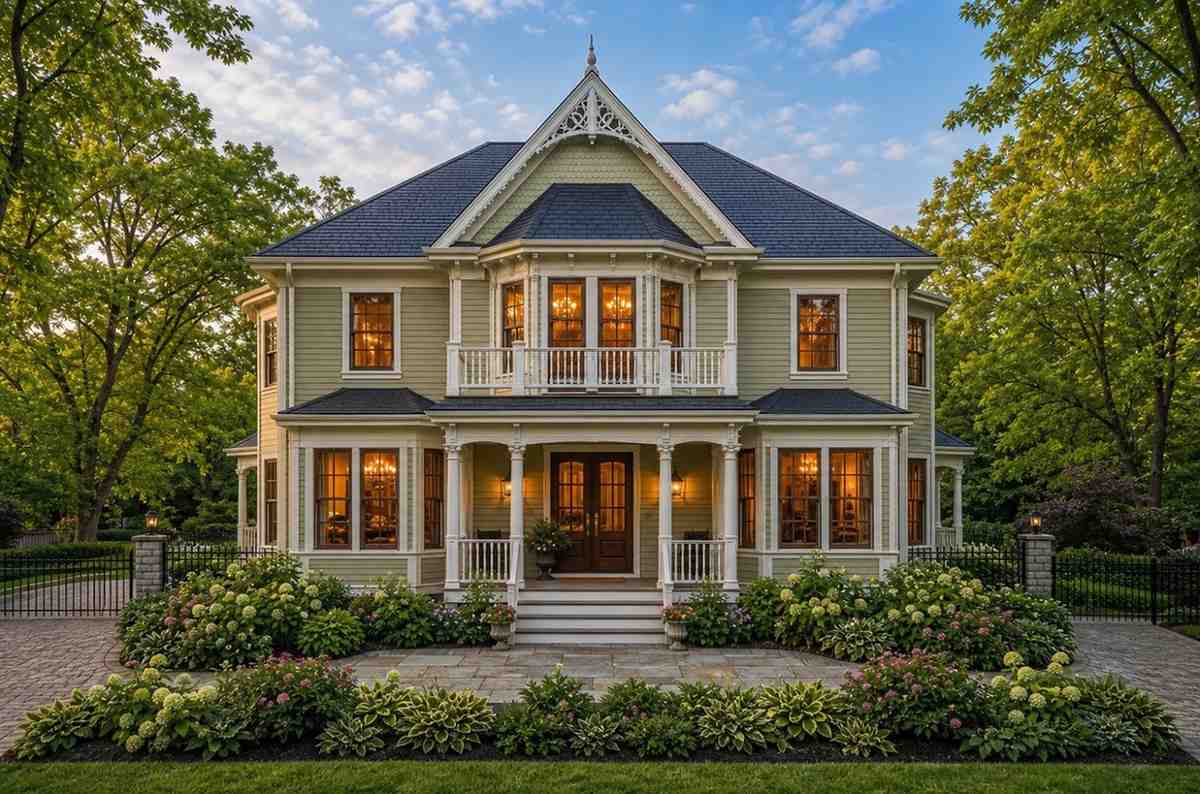 Rear Elevation of 4 Bedroom 2 Story Victorian Queen Anne House Plan with Twin Turrets