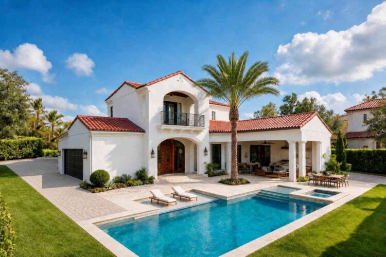 Rear Elevation (Back View) of House Plan with Pool and Spa — 3 Bedroom Mediterranean Villa