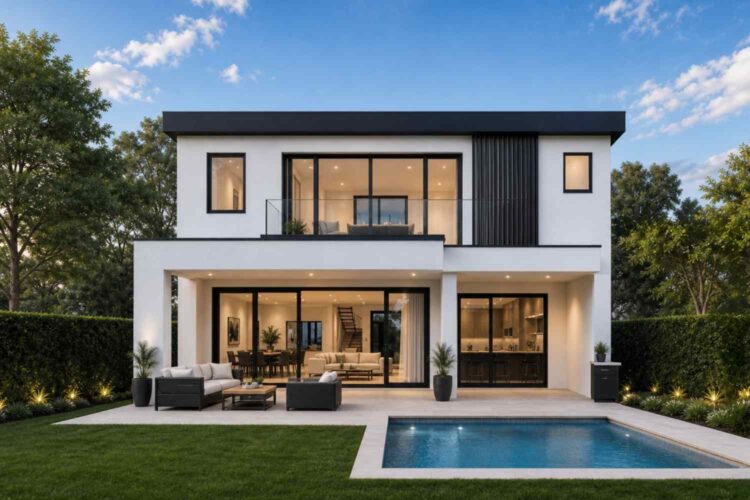 Rear Elevation (Back View) of the House Plan with Home Office — 4 Bedroom Cantilever Modern