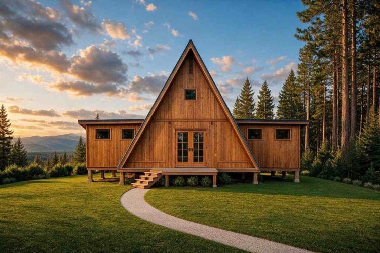 Rear elevation of Modern A-Frame Cabin Plan with Triangular Glass Gable
