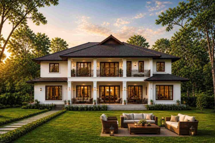  Rear elevation — 6 Bedroom 2 Story British Colonial House Plan with Dual Living Rooms