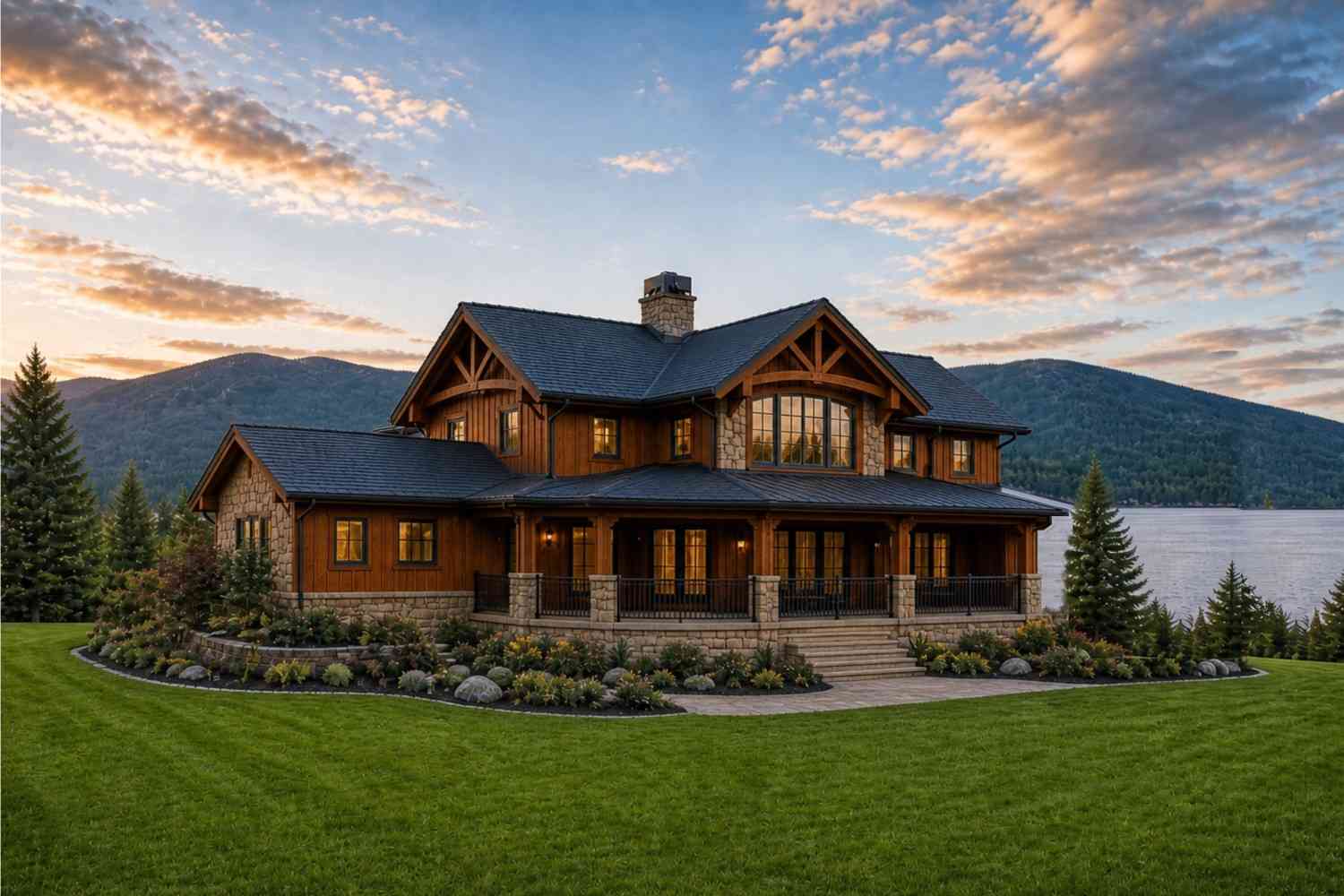 Rear Elevation of 4 Bedroom 2 Story Mountain Craftsman House Plan with Lake View Great Room