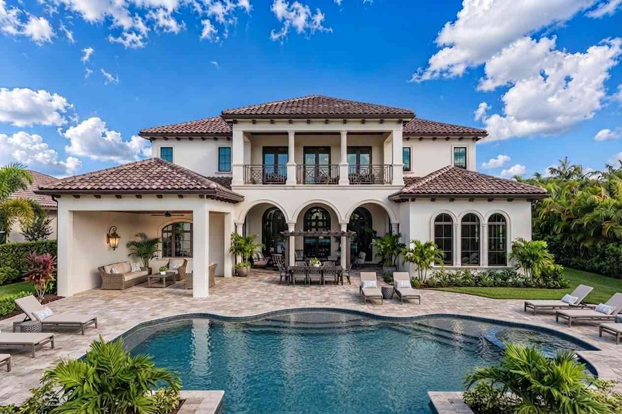 Rear Elevation of of 4-Bed Mediterranean House Plan with Pool, Spa and Outdoor Kitchen