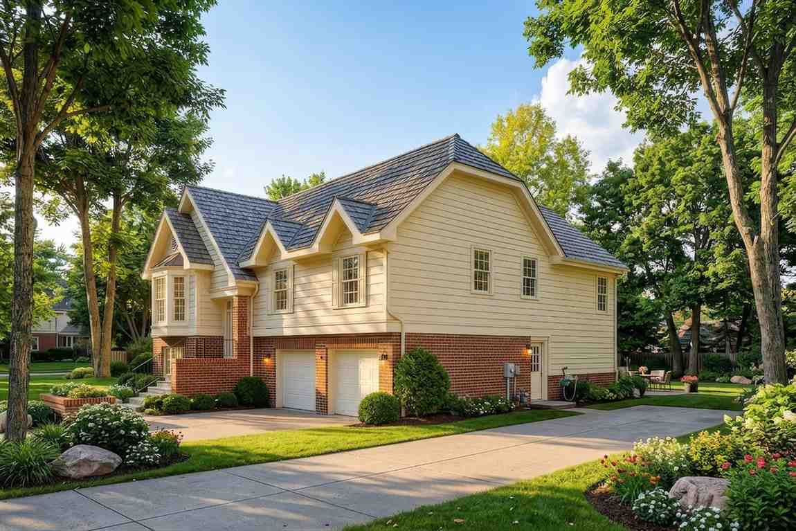 Right side elevation of 3 Bedroom 2 Story Split-Level House Plan with Home Office