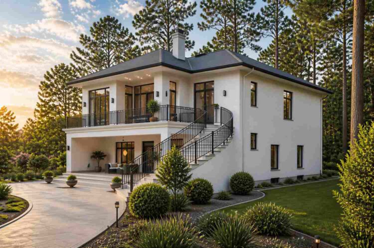 Right Side Elevation of  Modern Villa House Plan with Curved Exterior Staircase