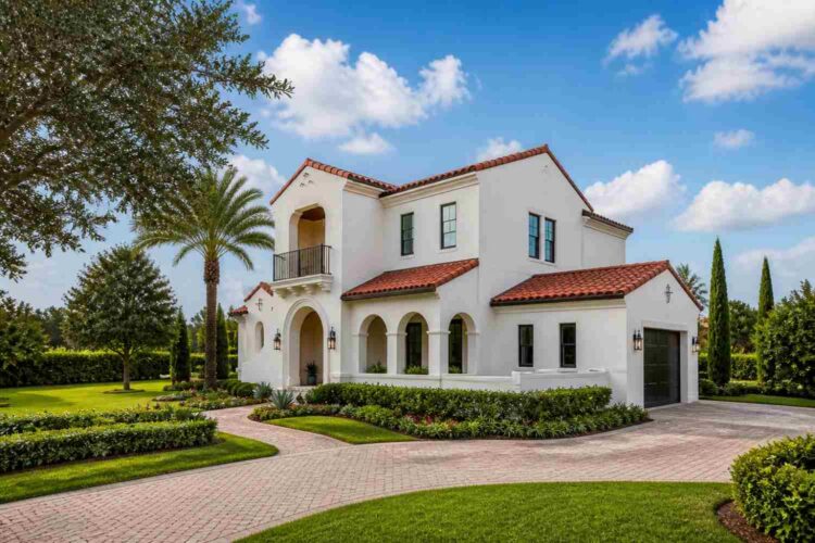 Right Side Elevation of House Plan with Pool and Spa — 3 Bedroom Mediterranean Villa