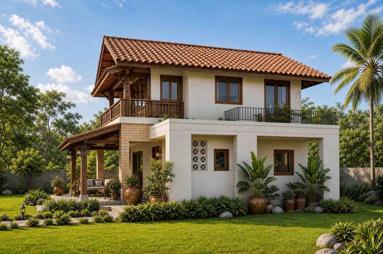 Right Side Elevation of Tropical Cottage House Plan with Wraparound Veranda