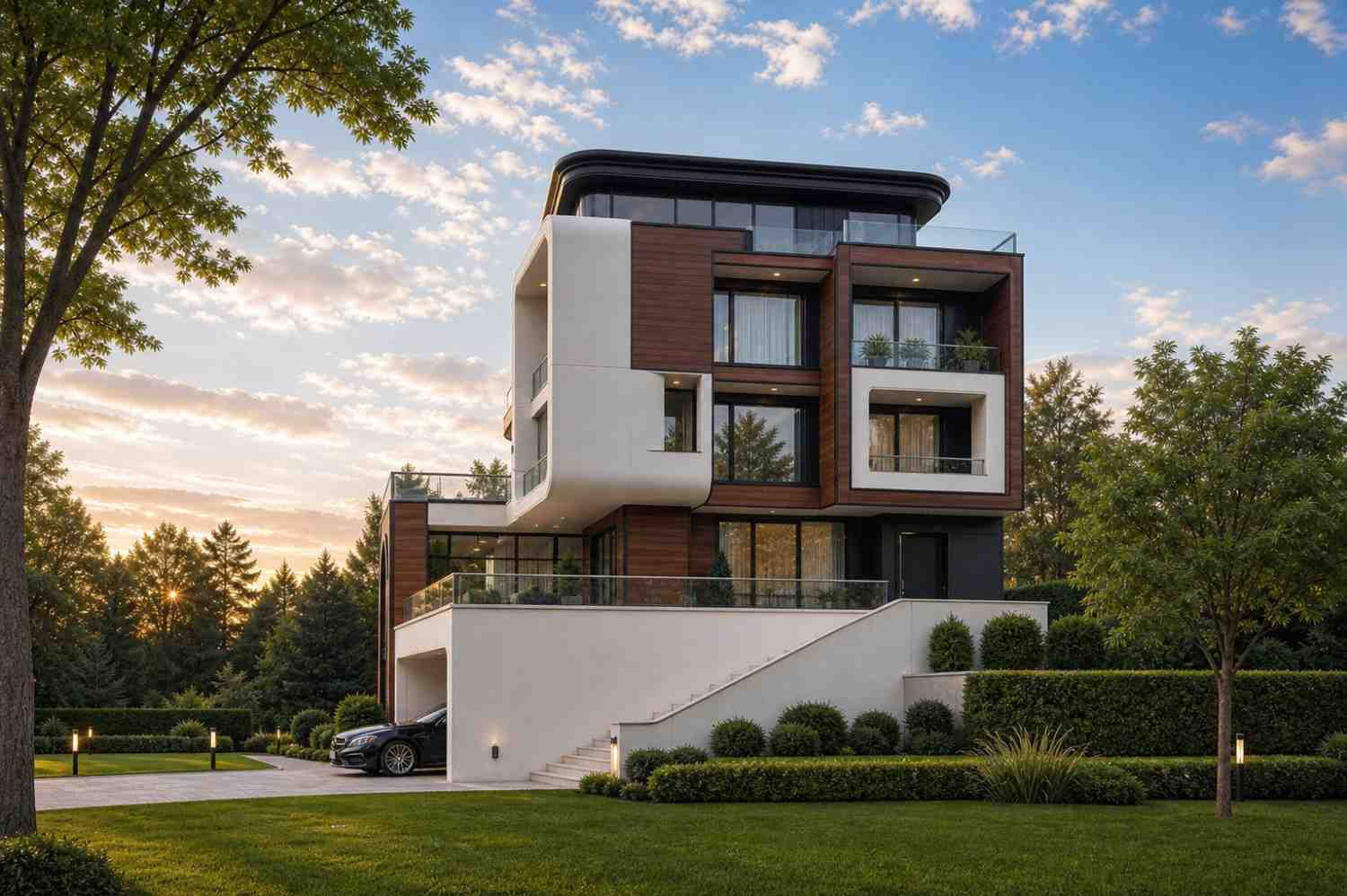Right side elevation of 4 Story Multi-Generational Contemporary House Plan