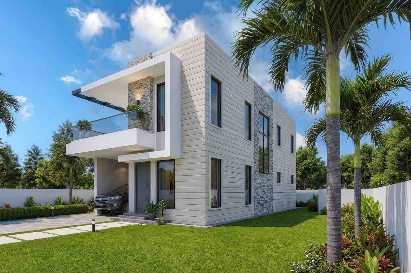 Right Side Elevation of 3 Bedroom 2 Story Modern House Plan with Rooftop Lounge and Guest Suite