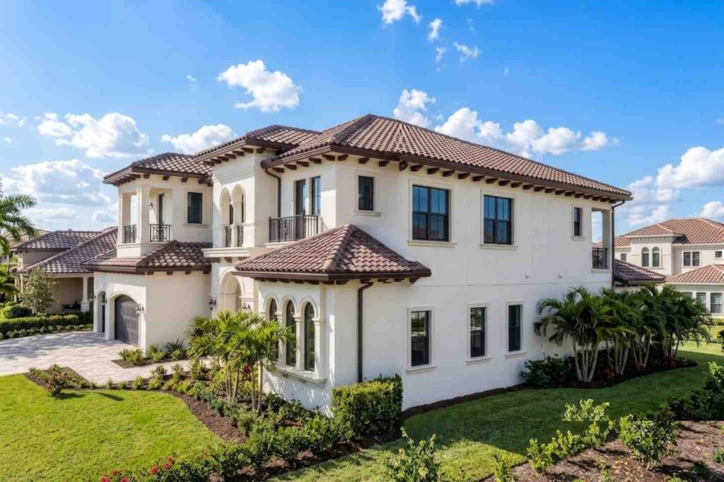 Right side elevation of 4-Bed Mediterranean House Plan with Pool, Spa and Outdoor Kitchen