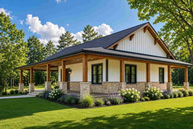 Right Side Elevation of House Plan with Dual-Locker Mudroom — 3 Bedroom Farmhouse Ranch