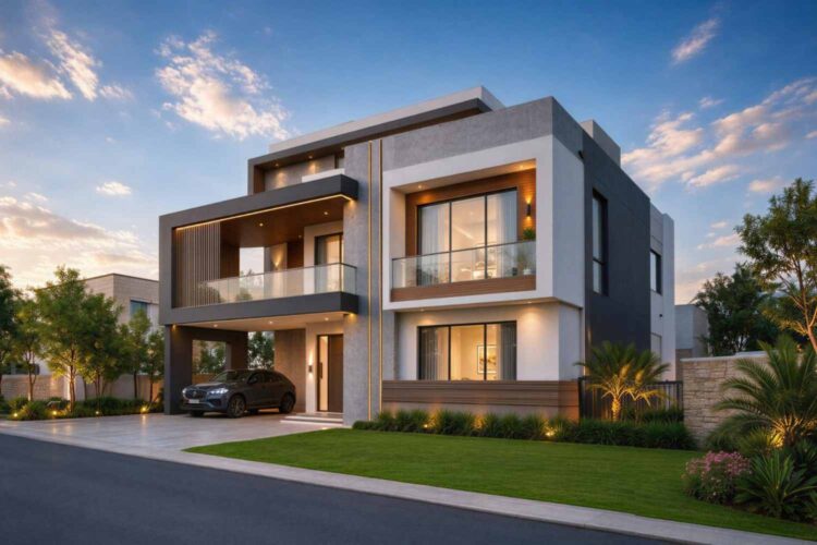 Right Side Elevation of House Plan with Indoor Courtyards — 5 Bedroom Contemporary