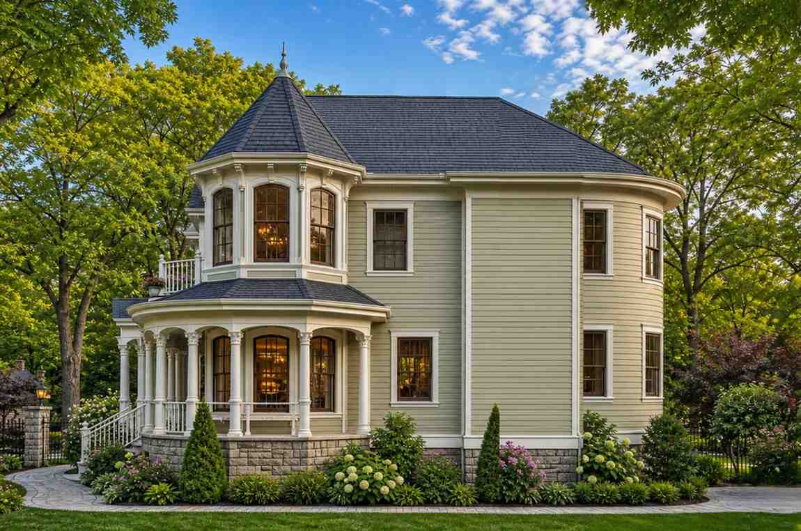 Right Side Elevation of 4 Bedroom 2 Story Victorian Queen Anne House Plan with Twin Turrets