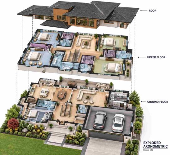 Exploded Axonometric View of Modern Prairie House Plan with Upstairs Family Lounge