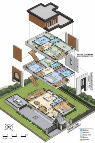 Exploded Axonometric View of Contemporary House Plan with Dual Master Suites
