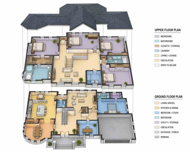 Exploded Axonometric View of 5 Bedroom Storybook Craftsman House Plan