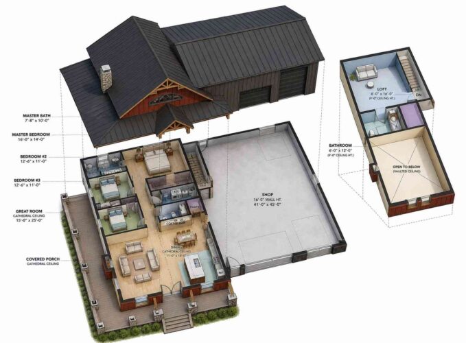 3D perspective view of 3 Bedroom Modern Barndominium House