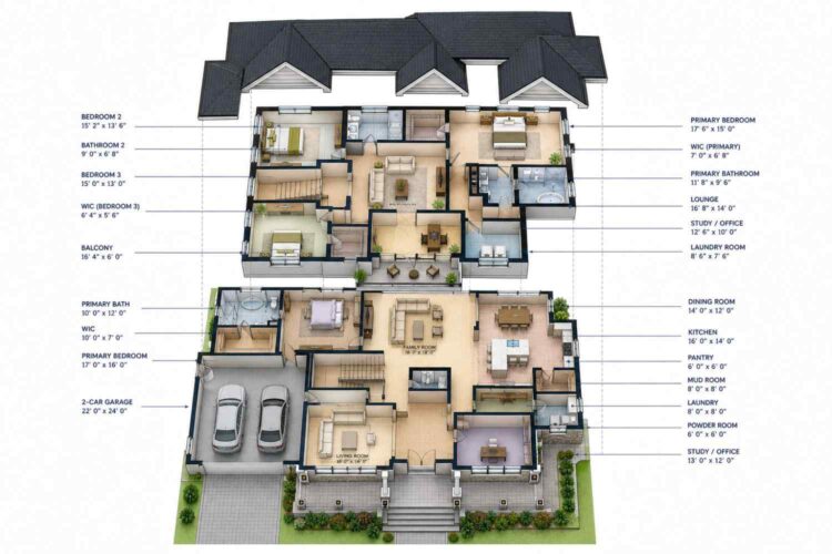 Exploded Axonometric View of House Plan with Primary Suite on the Main Floor — 5 Bedroom Transitional Craftsman
