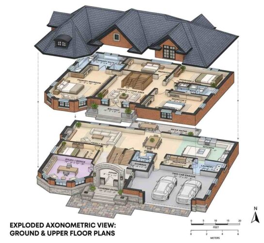 Exploded Axonometric View of House Plan with Main-Floor Study — 5 Bedroom Traditional Brick