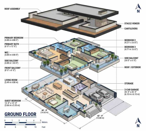 Exploded Axonometric View of Modern Contemporary House Plan with Main-Floor Study
