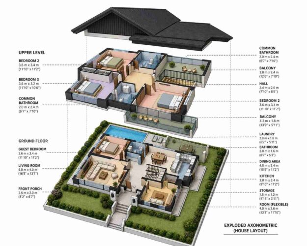 3D Perspective View of 5 Bedroom 2 Story Contemporary House Plan with Pool