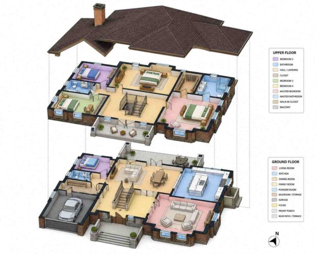 Exploded Axonometric View of 5 Bedroom European Brick Traditional House Plan